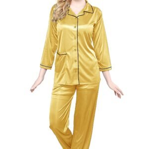 Tiya Women’s Satin Plain/Solid Top and Pyjama Set (Yellow)