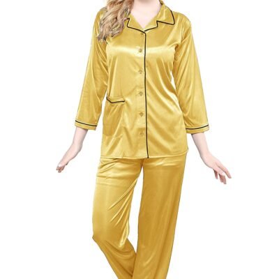 Tiya Women’s Satin Plain/Solid Top and Pyjama Set (Yellow)
