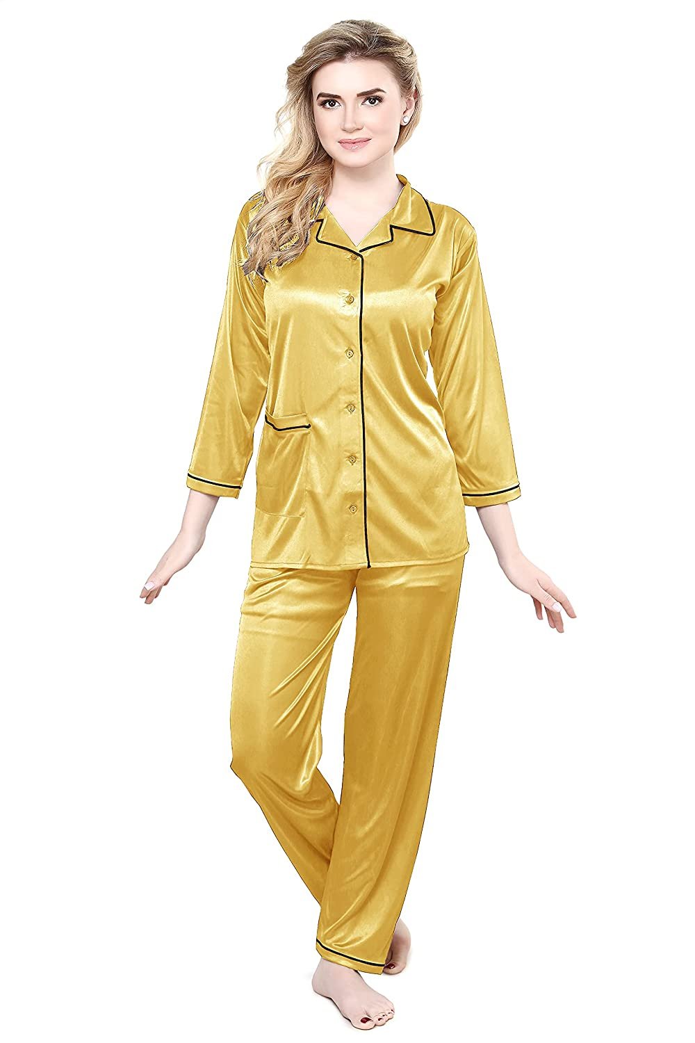 Tiya Women's Satin Plain/Solid Top and Pyjama Set (Yellow)