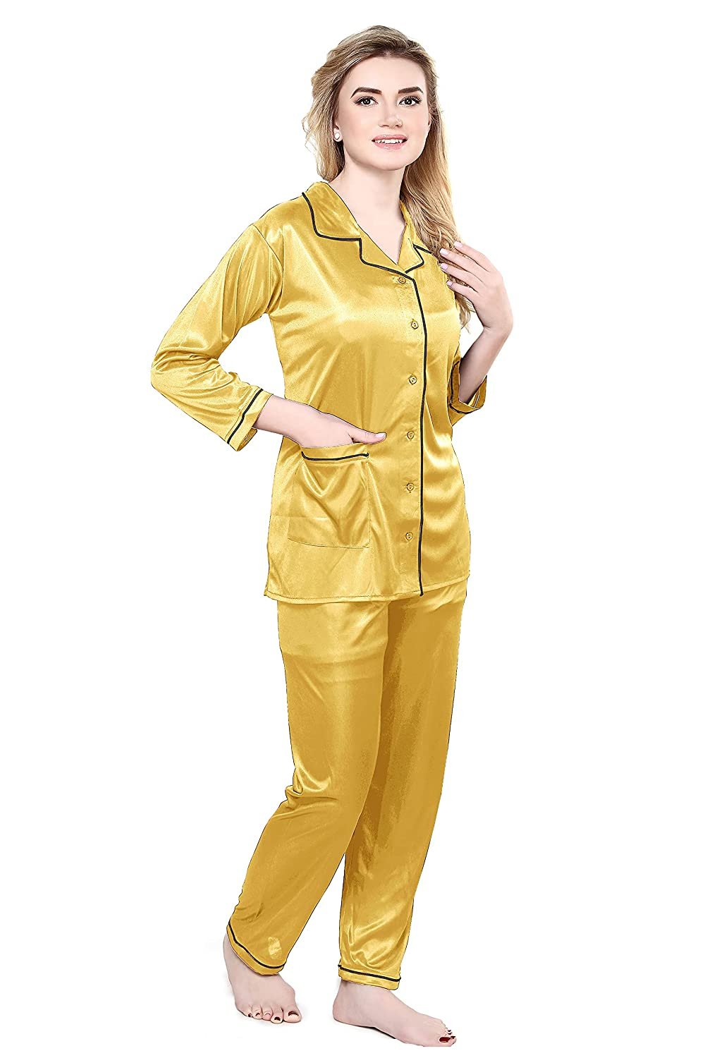 Tiya Women's Satin Plain/Solid Top and Pyjama Set (Yellow)