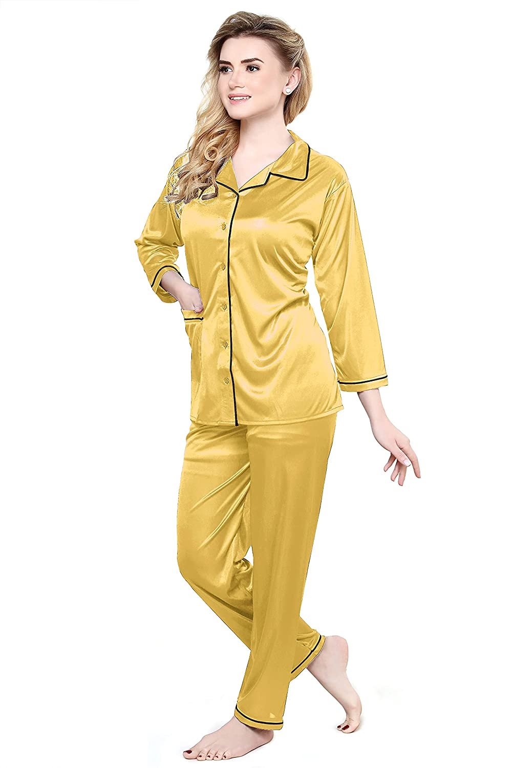 Tiya Women's Satin Plain/Solid Top and Pyjama Set (Yellow)