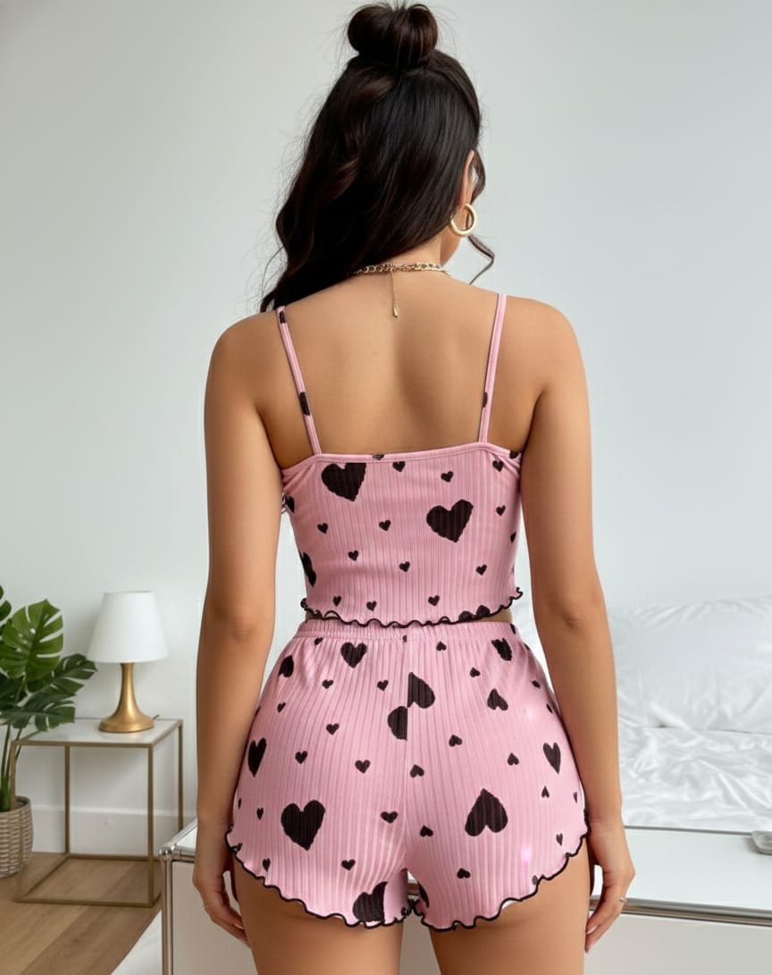 Womens Pink Heart Pajama Set Sleepwear with Cami Top & Shorts
