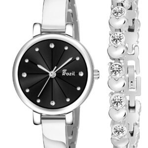 Analogue Black Dial Silver Coloured Strap Women’s Watch with Cosmic Bracelet Combo for Girls