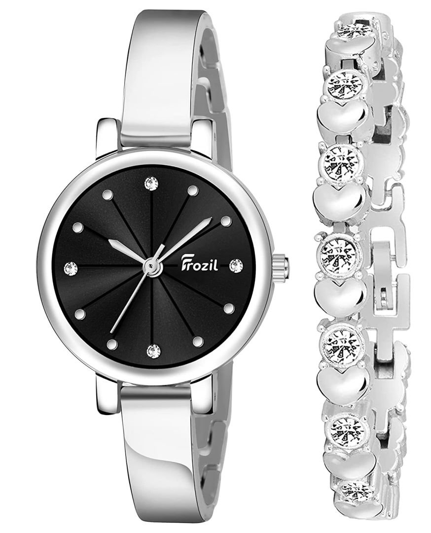 Analogue Black Dial Silver Coloured Strap Women’s Watch with Cosmic Bracelet Combo for Girls