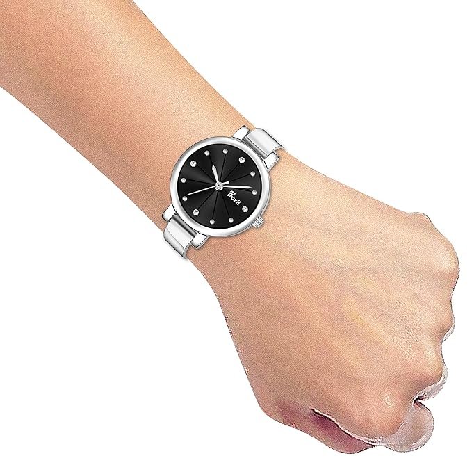 Analogue Black Dial Silver Coloured Strap Women’s Watch with Cosmic Bracelet Combo for Girls