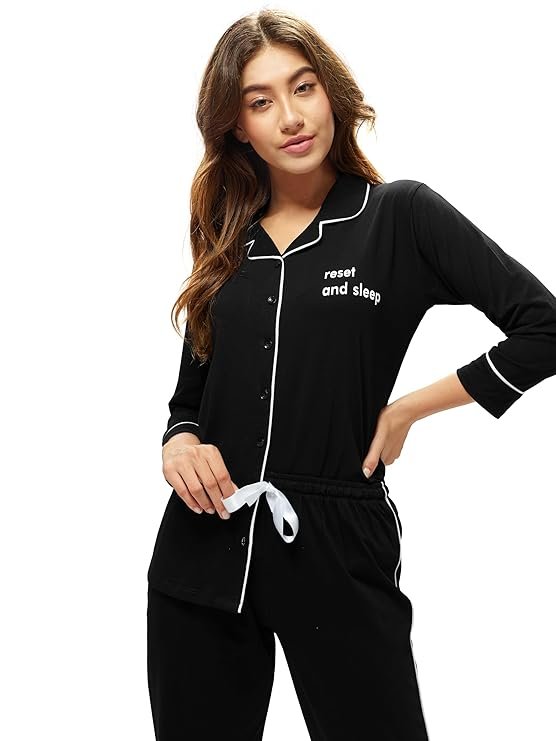 Tiya"s Women's Cotton Solid Plan Shirt & Payjama Full Sleeve Night Suit Set(BLACK)