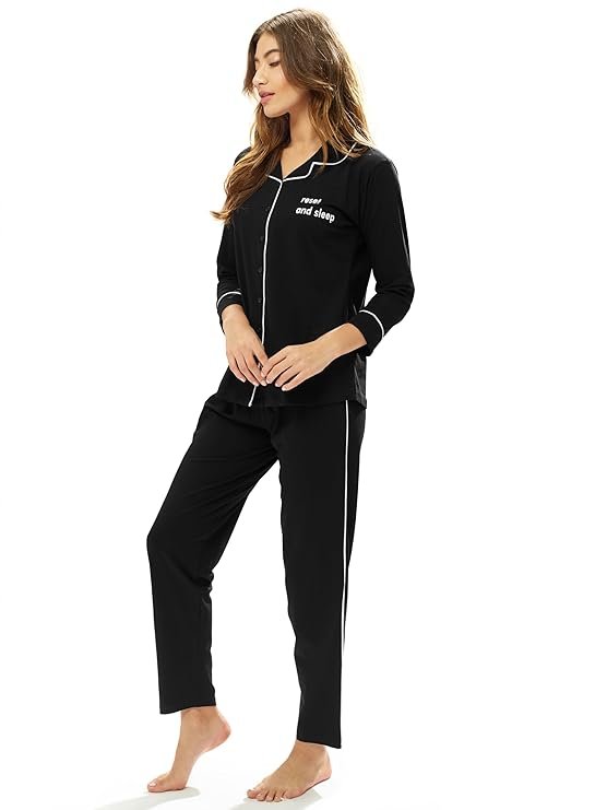 Tiya"s Women's Cotton Solid Plan Shirt & Payjama Full Sleeve Night Suit Set(BLACK)
