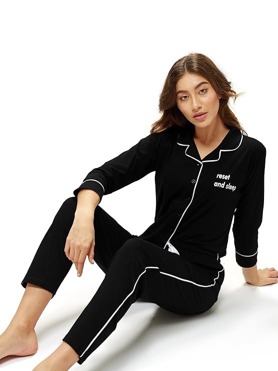 Tiya"s Women's Cotton Solid Plan Shirt & Payjama Full Sleeve Night Suit Set(BLACK)