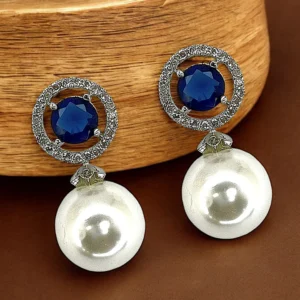 Blue Sapphire and Pearl Drop Earrings with Diamond Halo