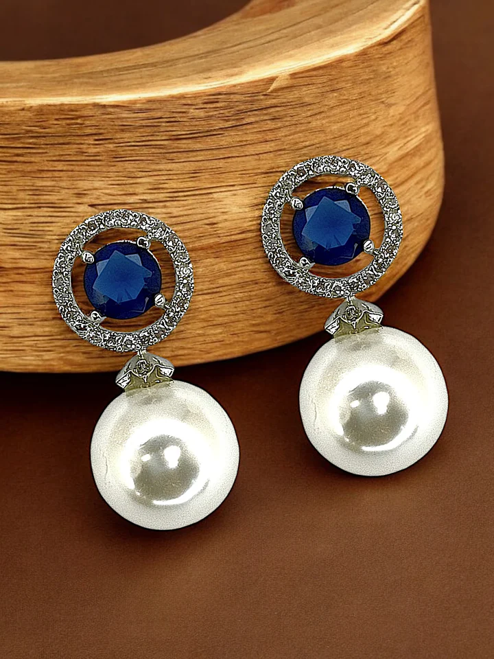 Blue Sapphire and Pearl Drop Earrings with Diamond Halo