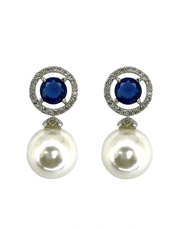 Blue Sapphire and Pearl Drop Earrings with Diamond Halo