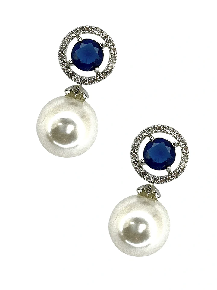 Blue Sapphire and Pearl Drop Earrings with Diamond Halo