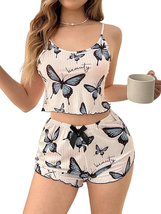 LUXZII Butterfly Print Women's Pajama Set - Cute 2-Piece Sleepwear with Camisole and Shorts for Summer Lounge, Women Night Cami Top and Shorts for Night Wear