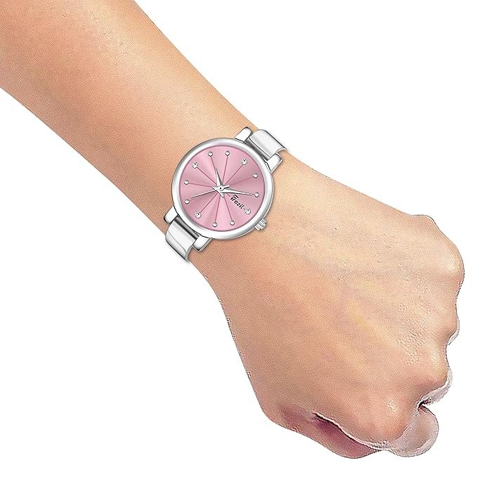 Analogue Pink Dial Silver Coloured Strap Women’s Watch with Cosmic Bracelet Combo for Girls