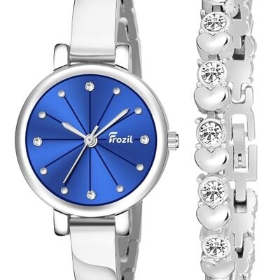 Analogue Blue Dial Silver Coloured Strap Women’s Watch with Cosmic Bracelet Combo for Girls