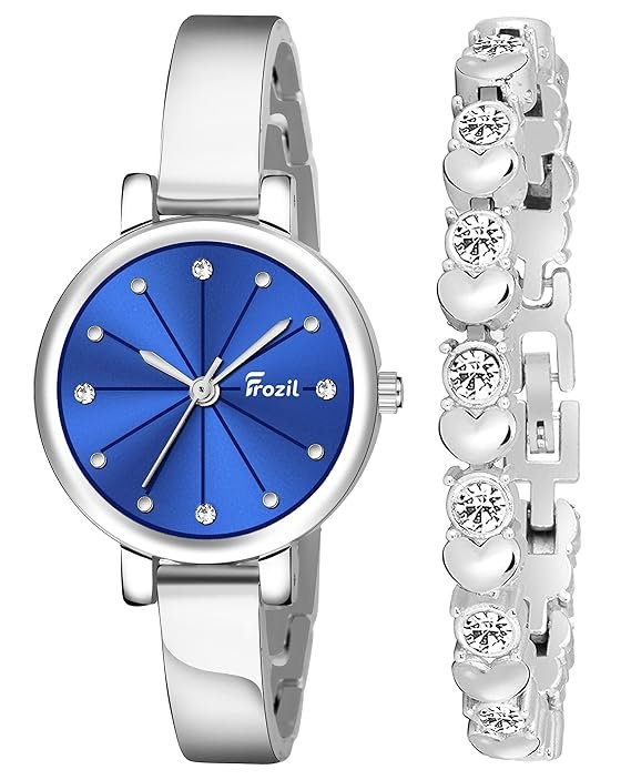 Analogue Blue Dial Silver Coloured Strap Women's Watch with Cosmic Bracelet Combo for Girls