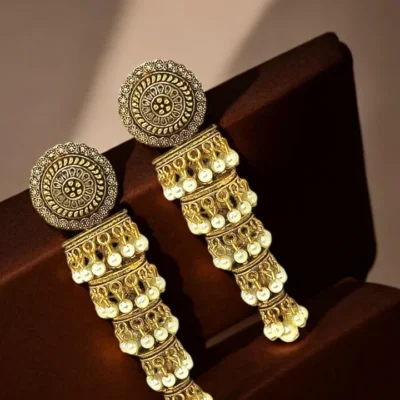 Antique Gold Plated Tiered Jhumka Earrings