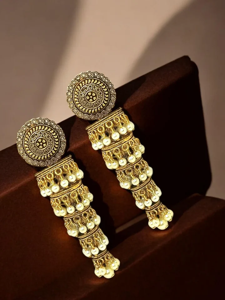 Antique Gold Plated Tiered Jhumka Earrings