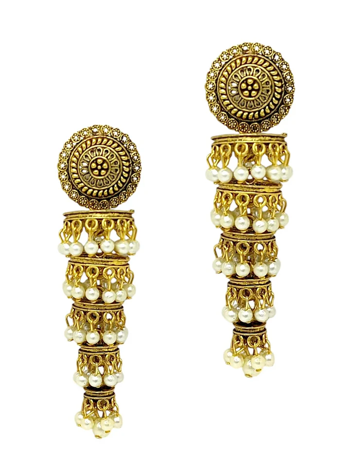 Antique Gold Plated Tiered Jhumka Earrings