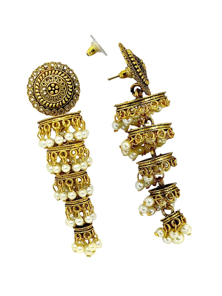 Antique Gold Plated Tiered Jhumka Earrings