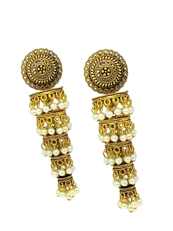 Antique Gold Plated Tiered Jhumka Earrings