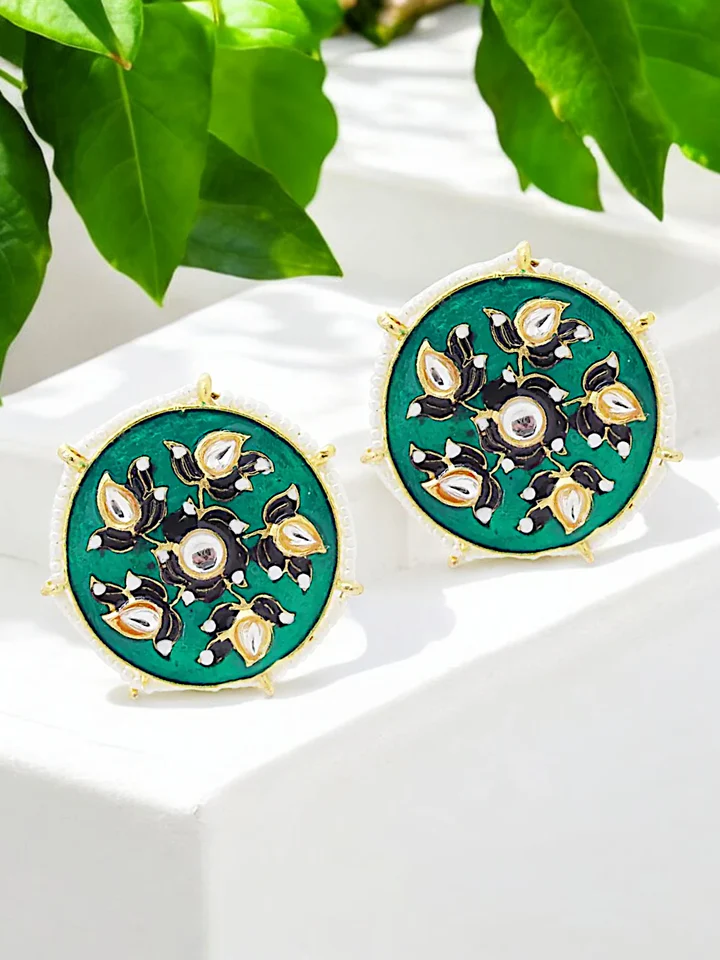 Tiya"s Green Meenakari Stud Earrings