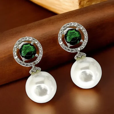 Tiys”s Green Emerald and Pearl Drop Earrings with Diamond Halo