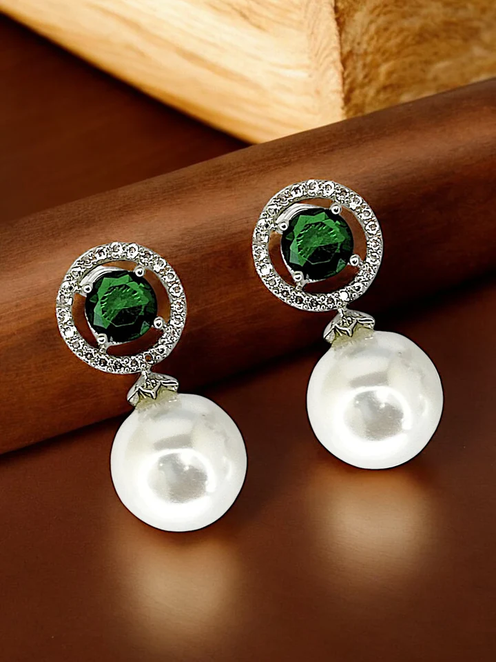 Tiys"s Green Emerald and Pearl Drop Earrings with Diamond Halo