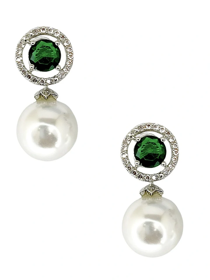 Tiys"s Green Emerald and Pearl Drop Earrings with Diamond Halo