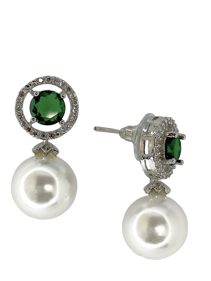 Tiys"s Green Emerald and Pearl Drop Earrings with Diamond Halo