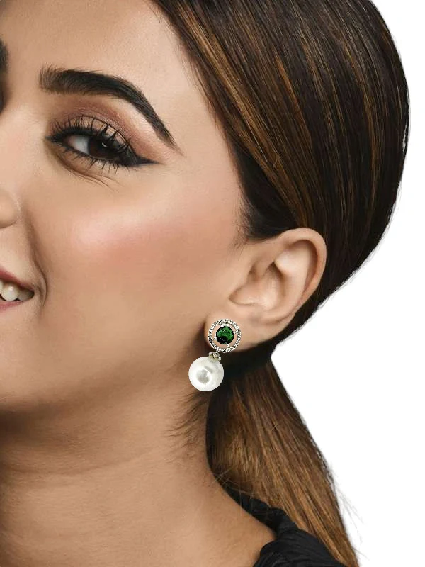 Tiys"s Green Emerald and Pearl Drop Earrings with Diamond Halo
