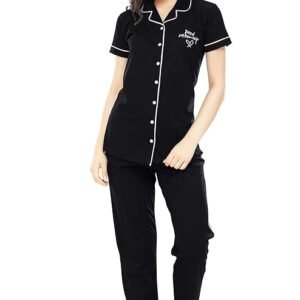 Tiya”s Women’s Cotton Solid Plain Half Sleev Night Suit Set of Shirt & Pajamas (Black)