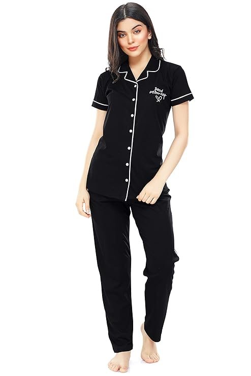 Tiya"s Women's Cotton Solid Plain Half Sleev Night Suit Set of Shirt & Pajamas (Black)