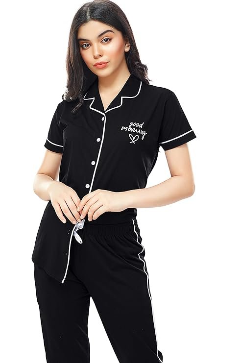 Tiya"s Women's Cotton Solid Plain Half Sleev Night Suit Set of Shirt & Pajamas (Black)