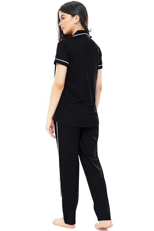 Tiya"s Women's Cotton Solid Plain Half Sleev Night Suit Set of Shirt & Pajamas (Black)