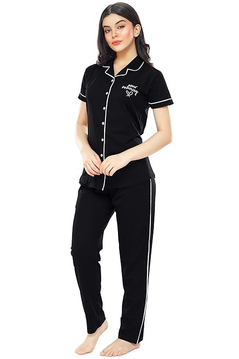 Tiya"s Women's Cotton Solid Plain Half Sleev Night Suit Set of Shirt & Pajamas (Black)