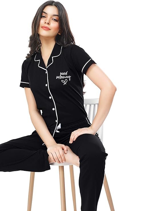 Tiya"s Women's Cotton Solid Plain Half Sleev Night Suit Set of Shirt & Pajamas (Black)