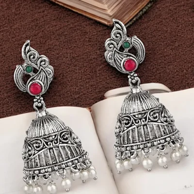 Silver Oxidised Jhumka Earrings
