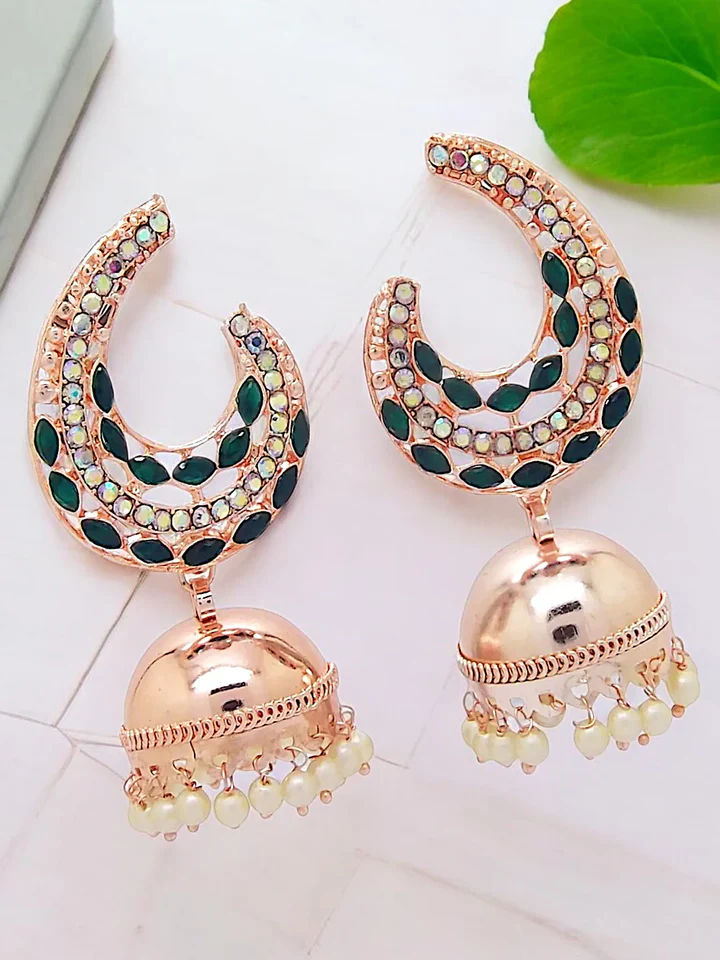 Tiya"s Dark Green Kundan Jhumka Earrings