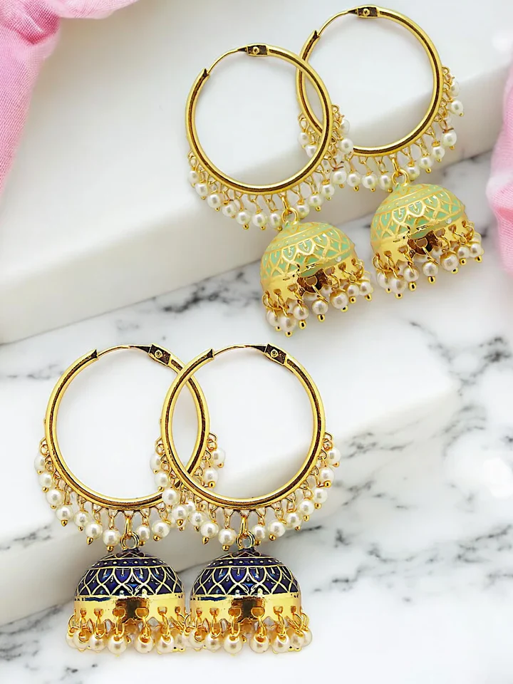 Tiya"s Meenakari Jhumkas with Pearls Combo Pack