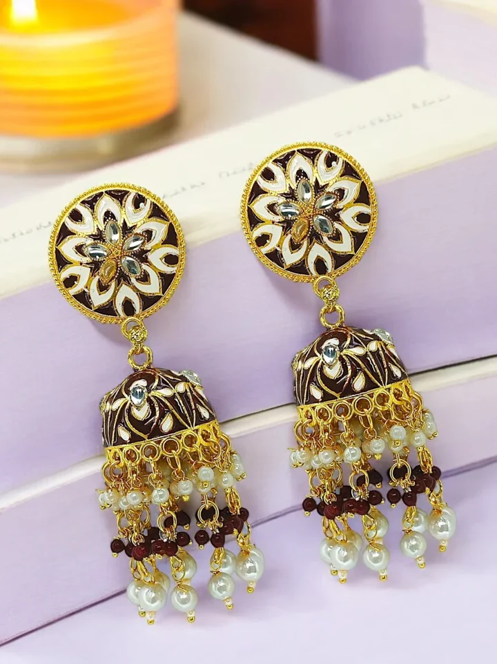 Tiya"s Maroon Meenakari Jhumka Earrings