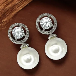 Tiys”s Moonstone Emerald and Pearl Drop Earrings with Diamond Halo