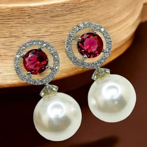 Tiya”s Red Ruby and Pearl Drop Earrings with Diamond Halo
