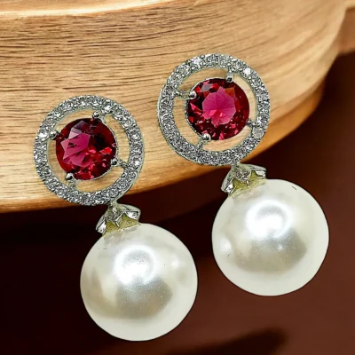 Tiya”s Red Ruby and Pearl Drop Earrings with Diamond Halo