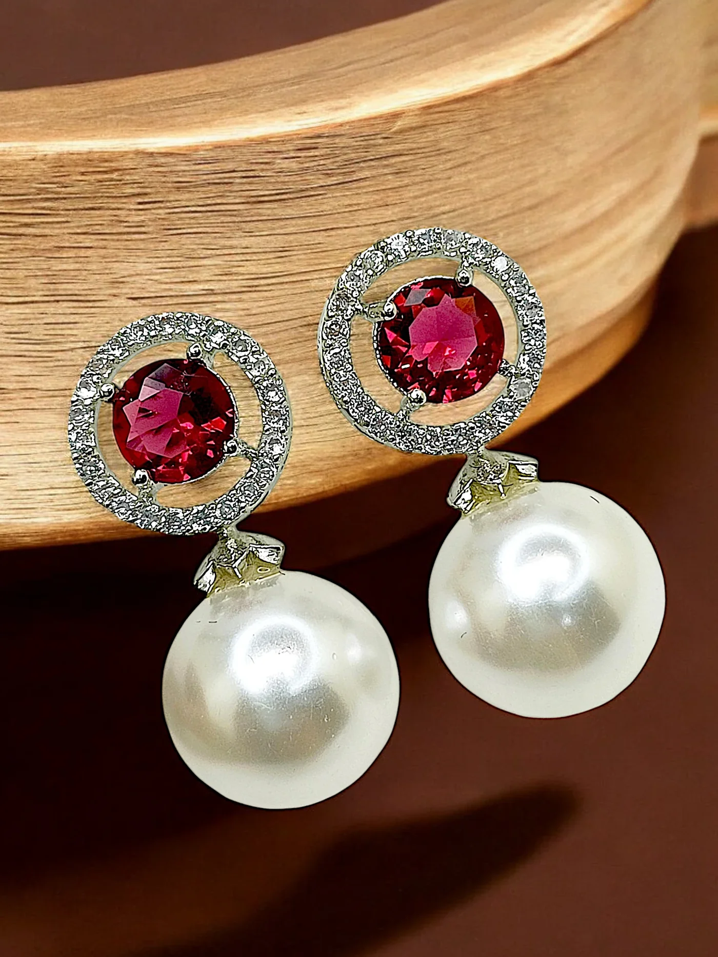 Tiya"s Red Ruby and Pearl Drop Earrings with Diamond Halo
