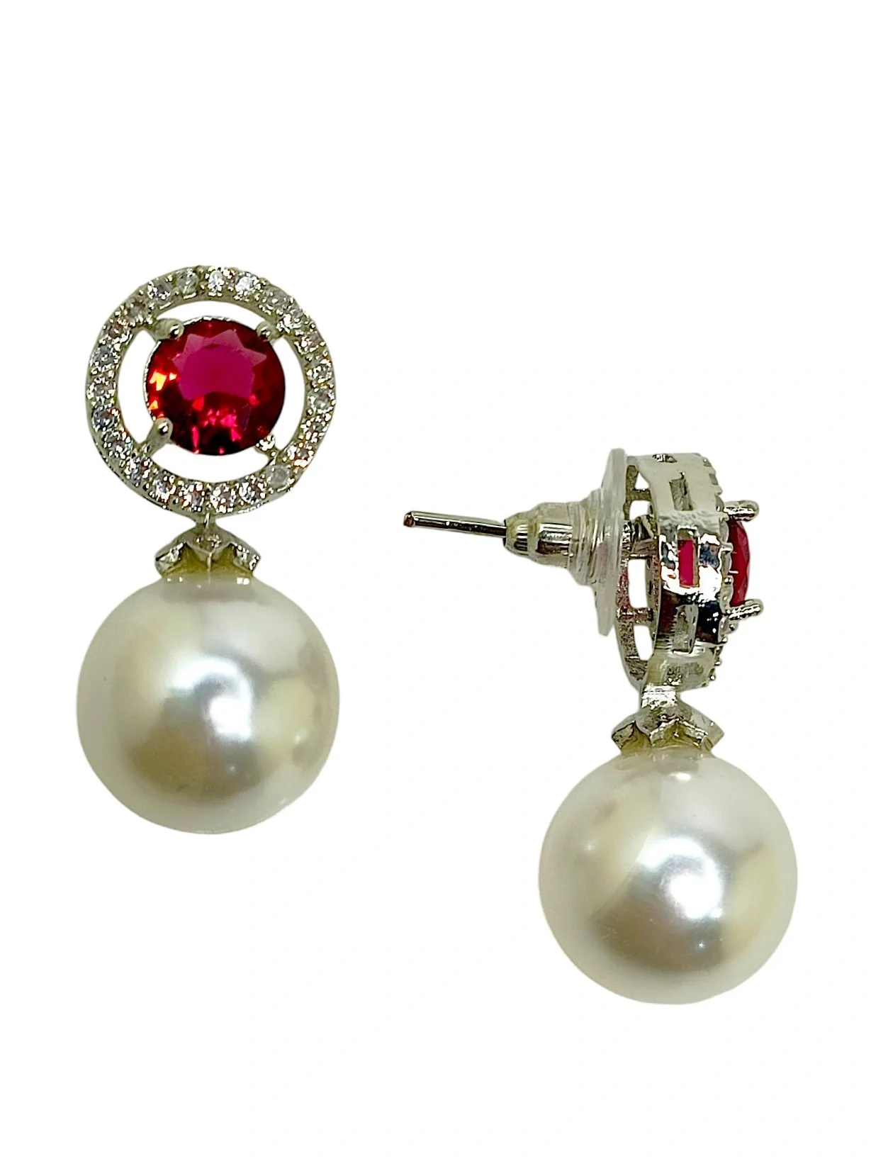Tiya"s Red Ruby and Pearl Drop Earrings with Diamond Halo