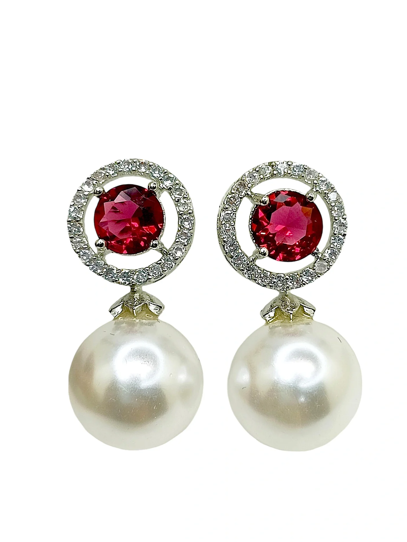 Tiya"s Red Ruby and Pearl Drop Earrings with Diamond Halo