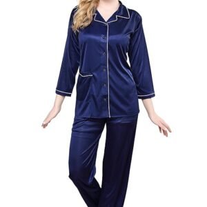 Tiya”s Women’s Satin Plain/Solid Top and Pyjama Set (Navy Blue)