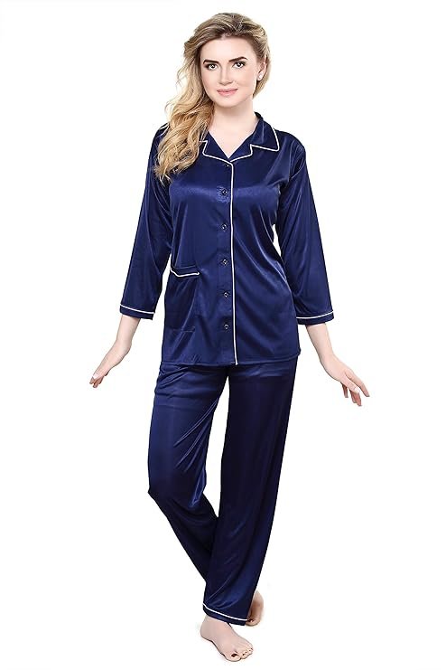 Tiya”s Women’s Satin Plain/Solid Top and Pyjama Set (Navy Blue)