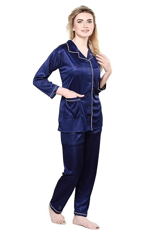 Tiya”s Women’s Satin Plain/Solid Top and Pyjama Set (Navy Blue)